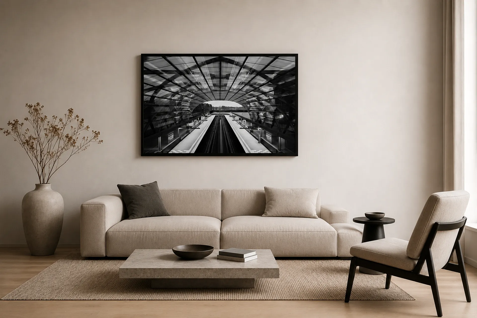 Elbbrücken Station 2026 als gerahmtes Wandbild über einem Sofa